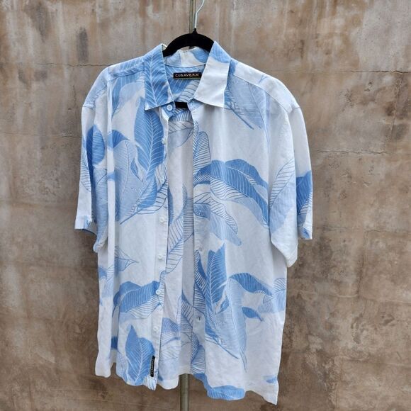 Cubavera blue and white banana leaf print linen blend short sleeve shirt - Picture 1 of 7